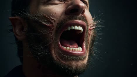 a dramatic transformation: intense expression and distinctive features captured in high-contrast imagery of a character on the brink of transformation