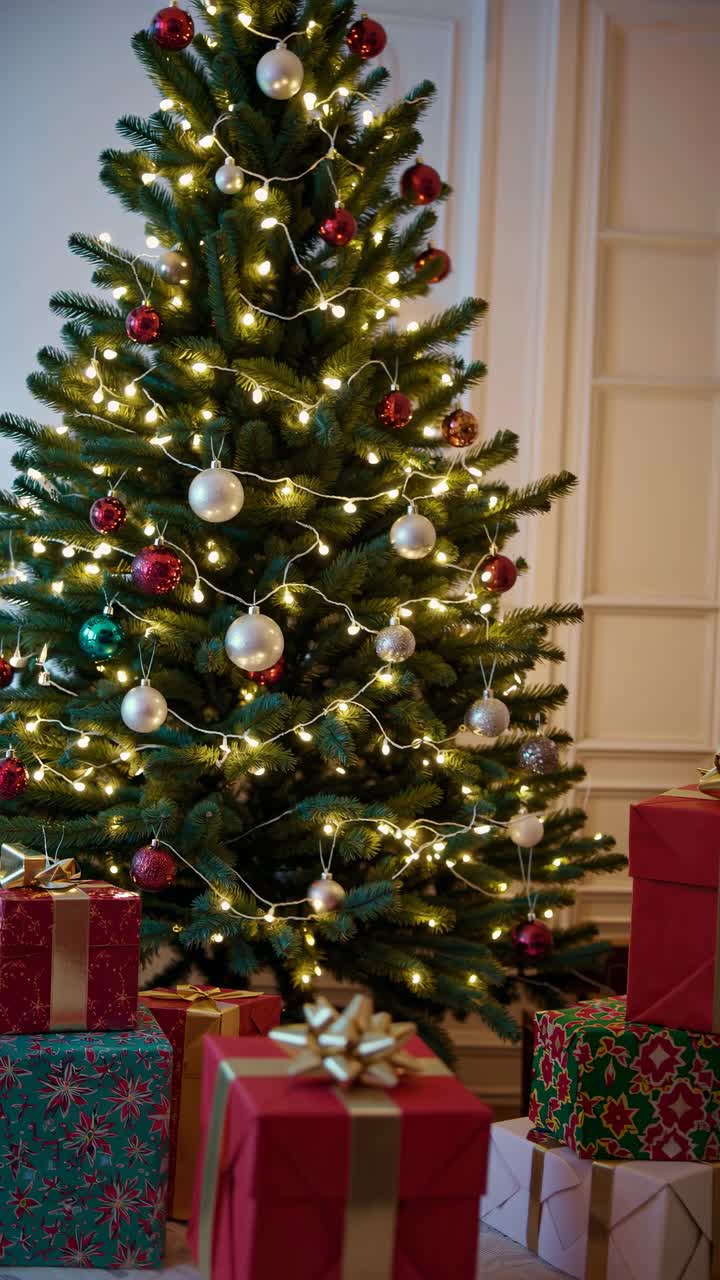 Festive Christmas tree adorned with lights and ornaments, surrounded by gifts