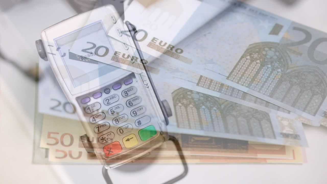 支払い端末を介したユーロ紙幣のアニメーション