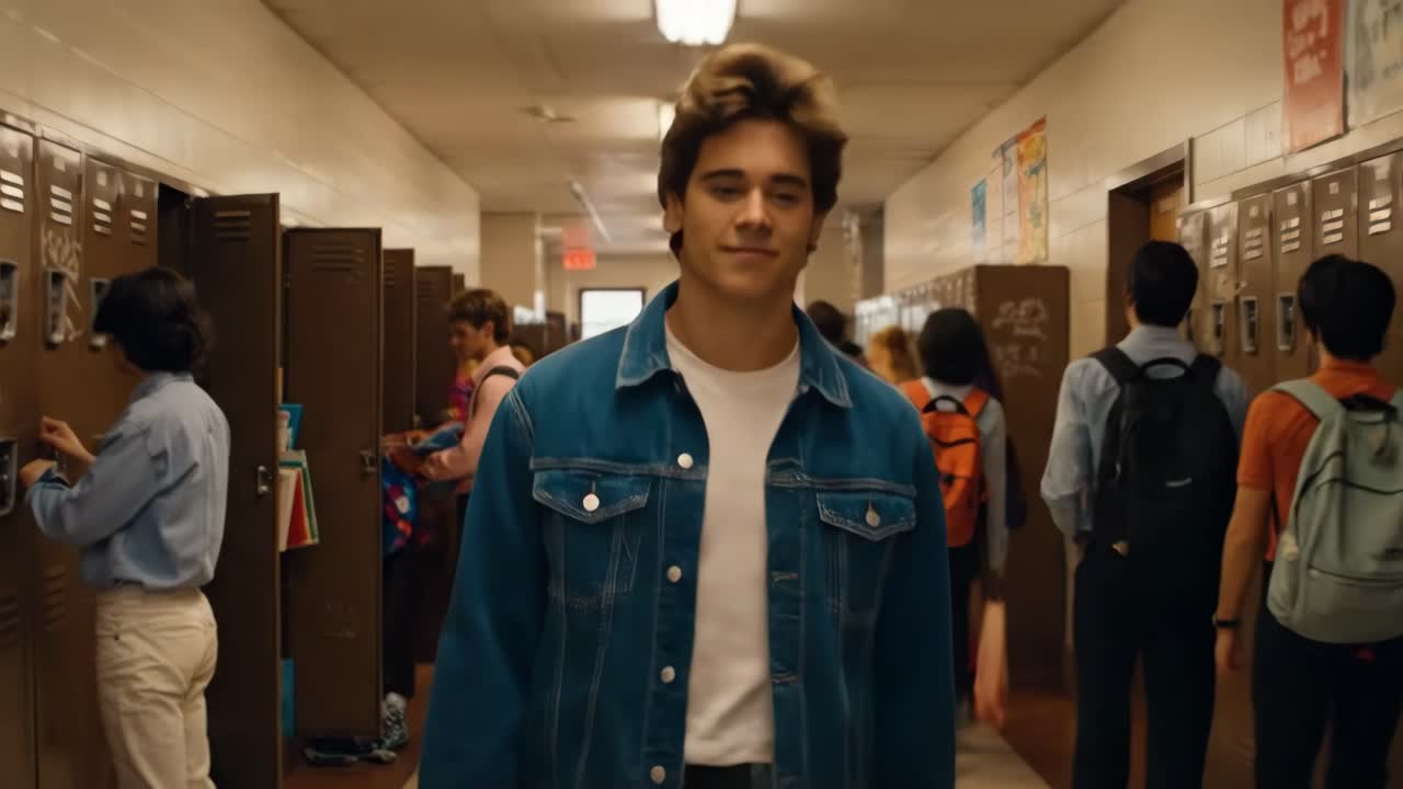 High school hallway scene with students interacting at lockers, showcasing vibrant social dynamics and youthful energy in a lively educational environment