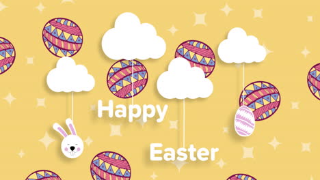 composite video of happy easter text banner against decorative easter eggs on orange background