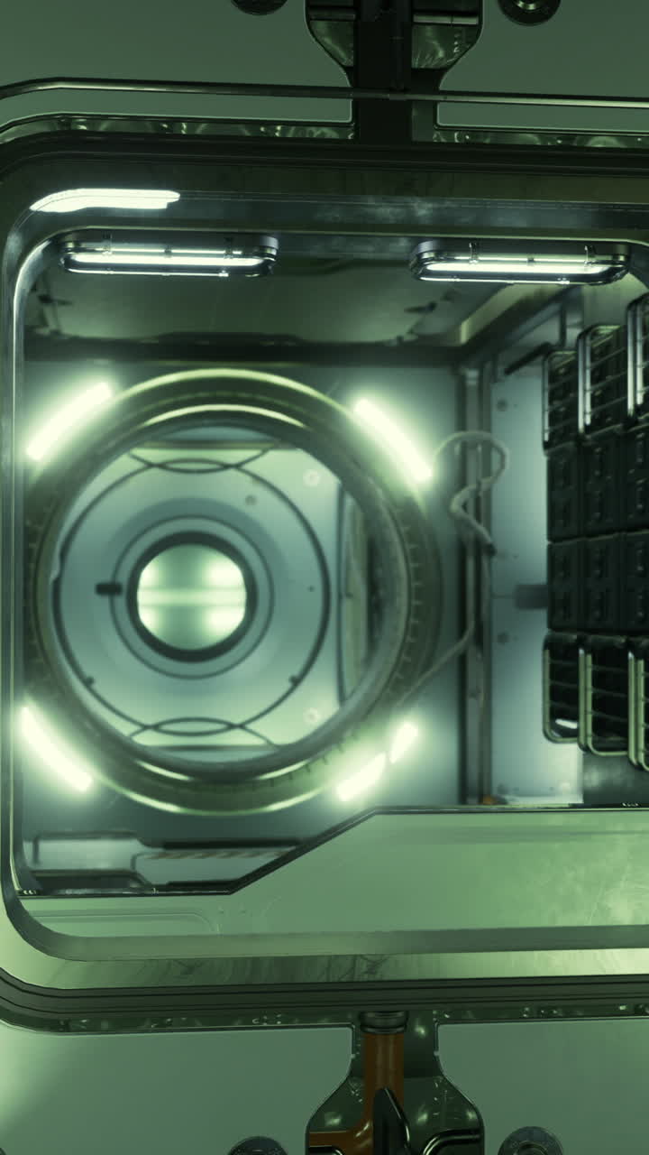 Advanced technology seen inside a futuristic research chamber at night