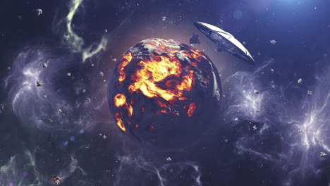 explosión de un planeta y un ovni en el espacio