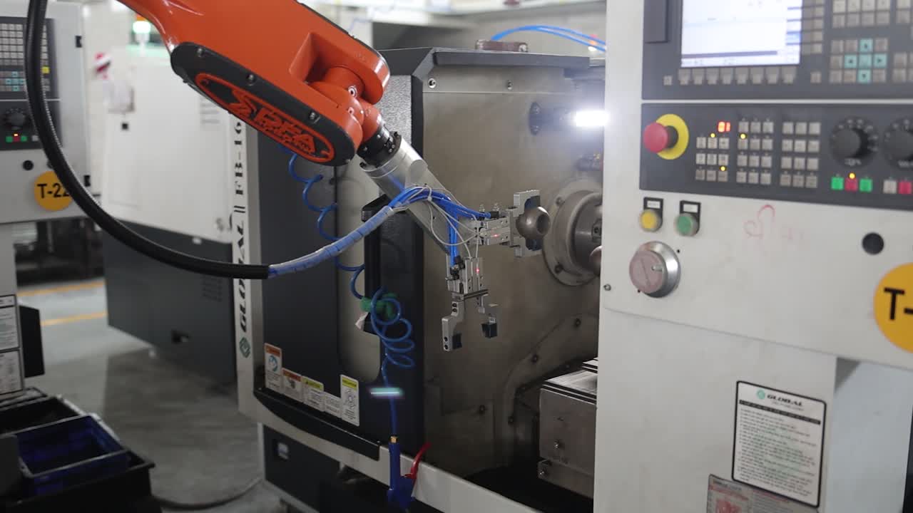robotic arm raw material pick in machine. Industry 5.0, industrial 4.0 concept