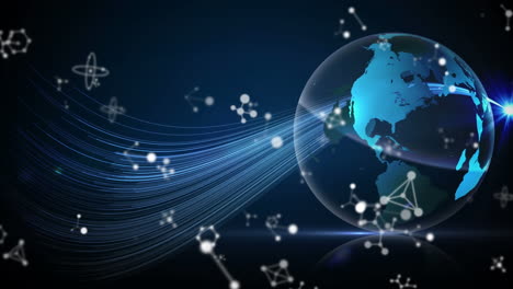 animación de estructuras moleculares y rastros de luz azul sobre un globo giratorio contra un fondo azul