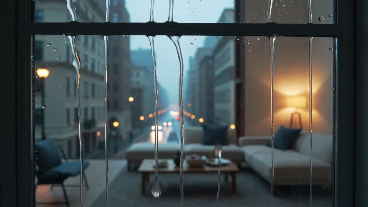 Sliding raindrops framing large multi-pane window, blurring city street and sectional sofa