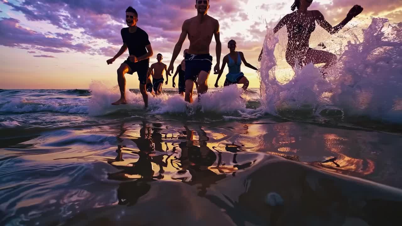 Ripresa video dal basso di un gruppo che corre su una spiaggia al tramonto, catturando un movimento dinamico.