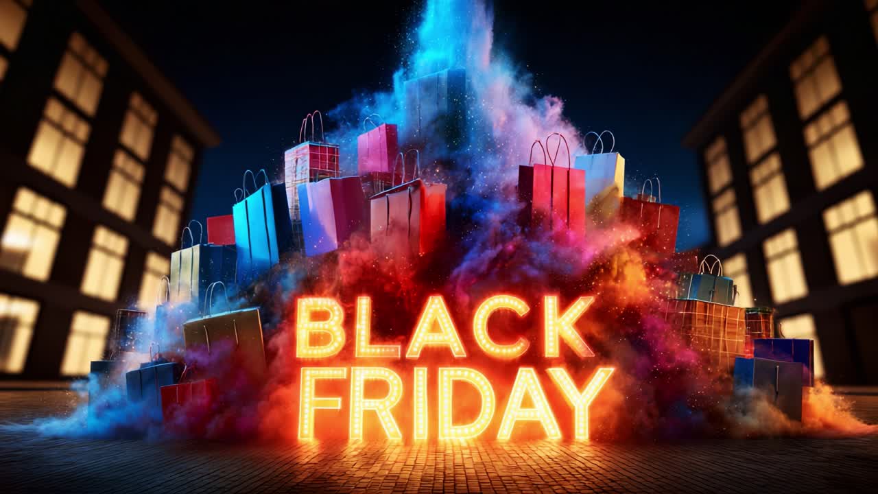 A stunning visual representation of the excitement and thrill associated with Black Friday shopping season, illustrated through a vibrant display of colorful shopping bags and dynamic effects