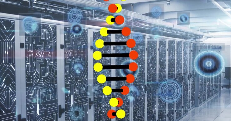 Animation of dna strand and data processing over server room