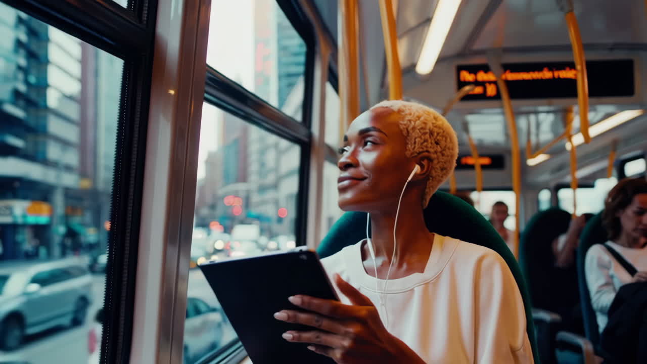 Young woman on a bus with a tablet and earbuds