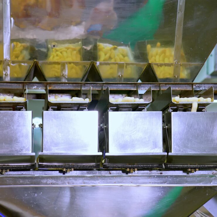 Industrial food products manufacturing at modern factory. Metal equipment for producing vegetarian maize snacks
