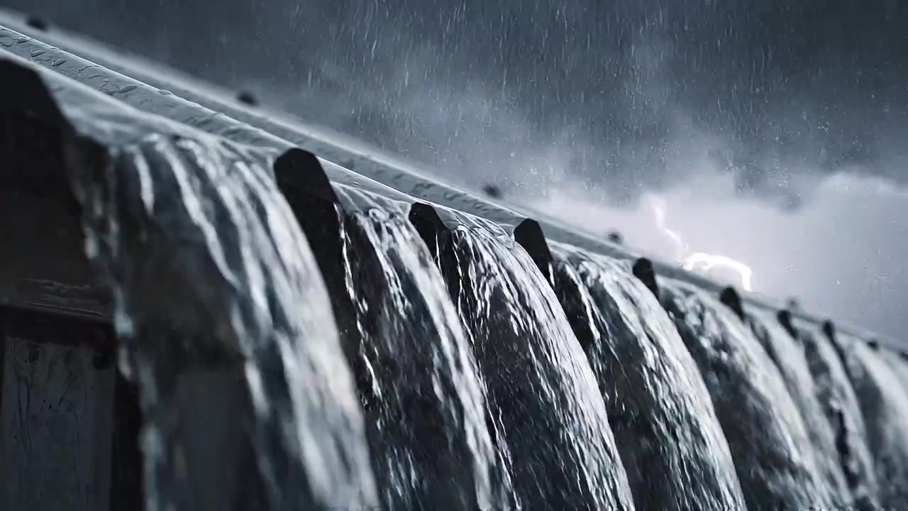 Heavy rain water pouring off a roof during a storm