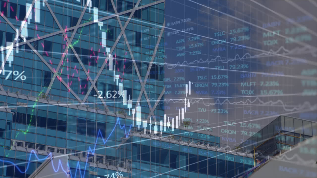 procesamiento de datos financieros en edificios de oficinas y paisajes urbanos modernos.
