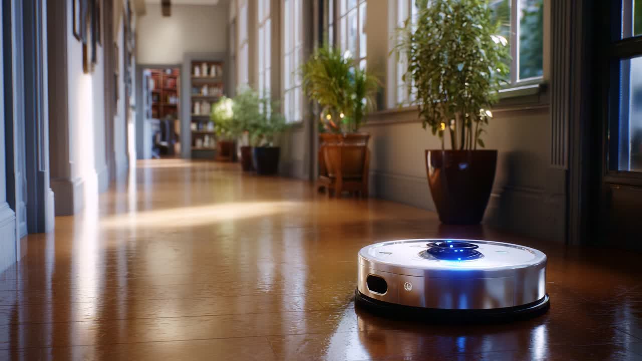 Un robot aspirapolvere scivola senza sforzo su un pavimento in legno lucido in un corridoio ben illuminato, circondato da piante verdeggianti e luce naturale.