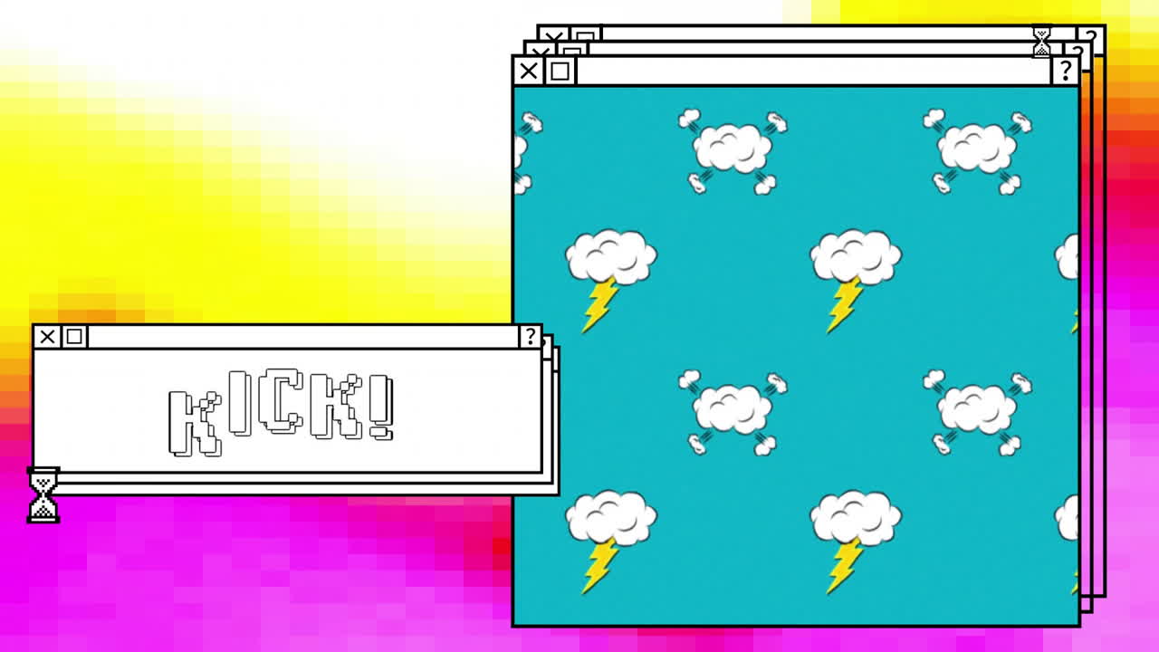 Animation of digital interfaces with moving clouds and kick text on colourful background