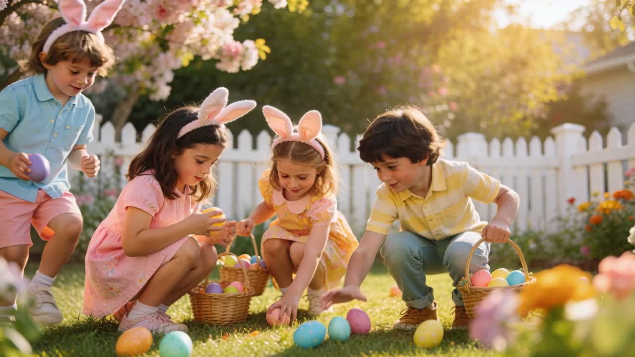 イースターハントが始まり、4人の子供たちがうさぎの耳を着けて裏庭で卵を集め、かごを満たしている。