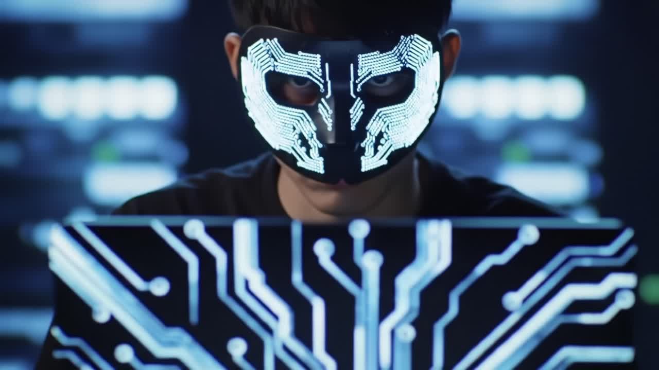 Una figura misteriosa con una maschera high-tech interagisce con un'interfaccia computerizzata futuristica, circondata da intricati motivi neon di circuiti in una stanza buia
