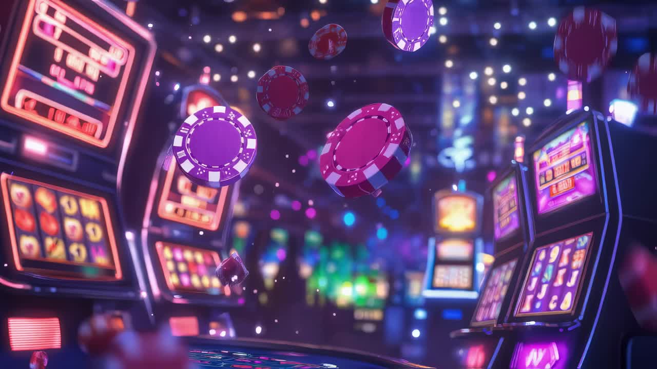 Colorful gambling chips cascading over slot machine surfaces, generating dynamic visual energy within casino gaming environment