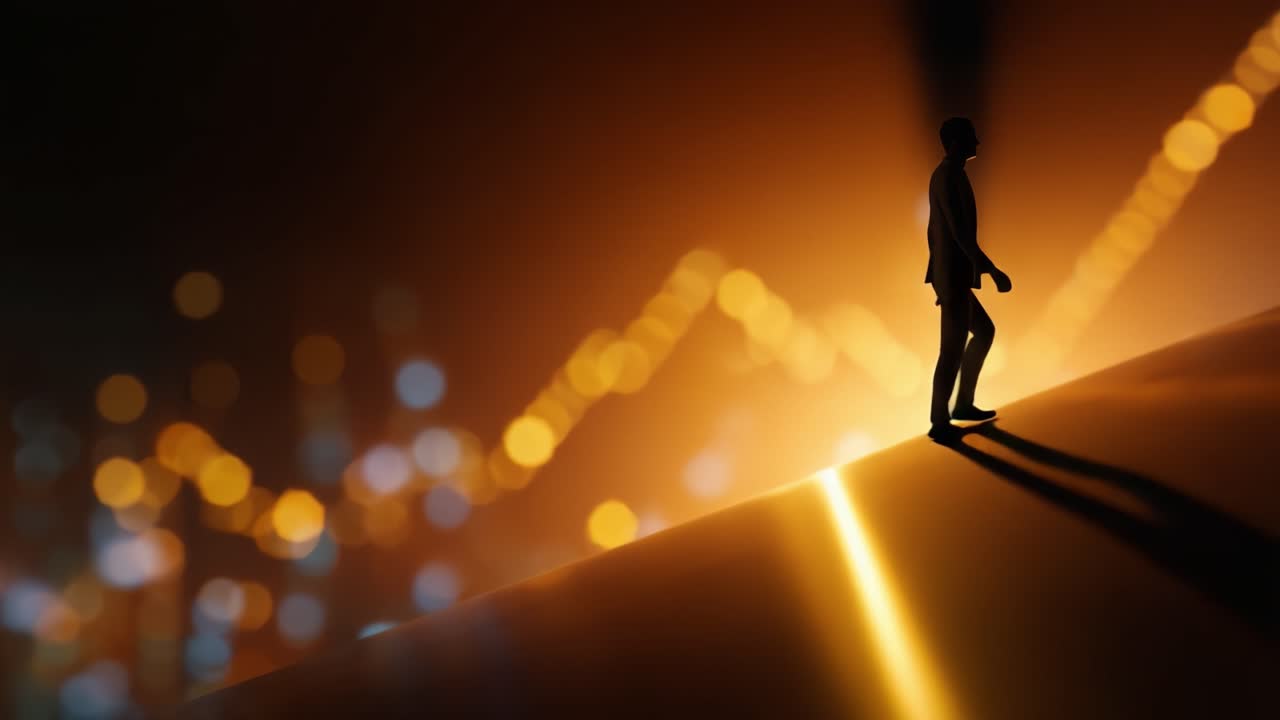 A silhouette of a person walking towards a glowing horizon, symbolizing progress and ambition amidst a backdrop of vibrant lights and ascending lines