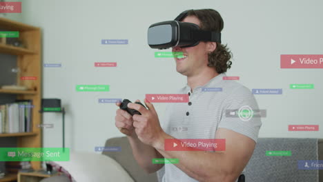 animación del procesamiento de datos de las redes sociales sobre el hombre caucásico usando auriculares vr