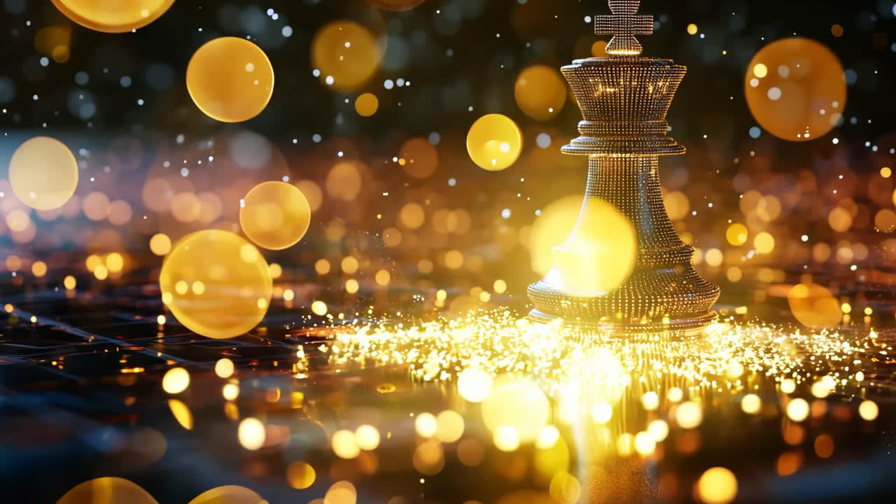 A chess piece is sitting on a dark surface with a lot of light shining on it. The image has a dreamy, surreal quality to it, as if the chess piece is floating in a sea of light