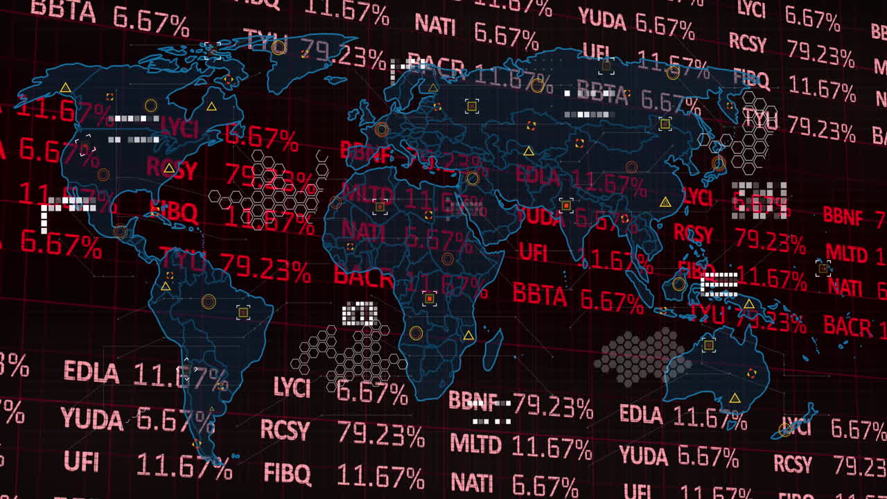Animation of world map over stock market on black background