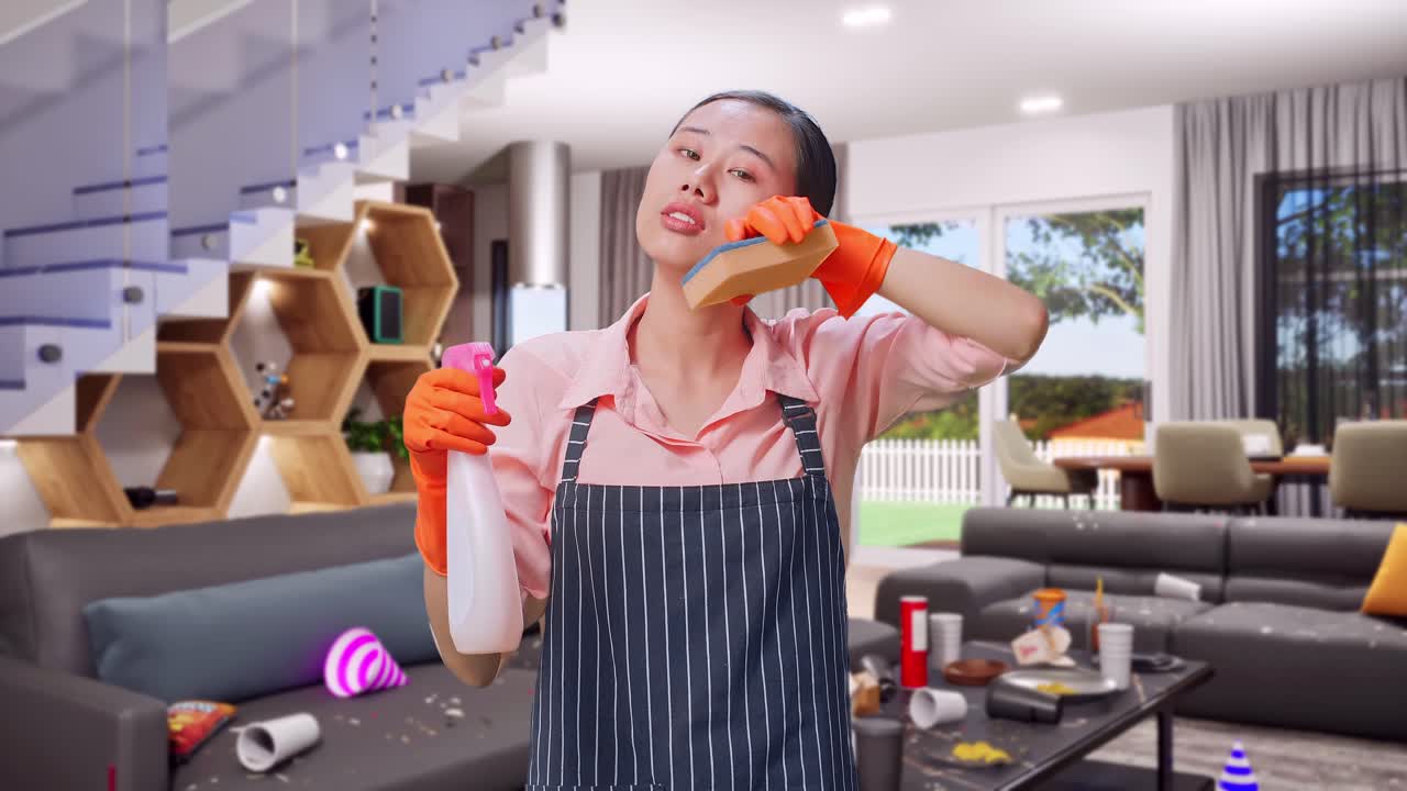 Tired Housekeeper Cleaning a Messy House