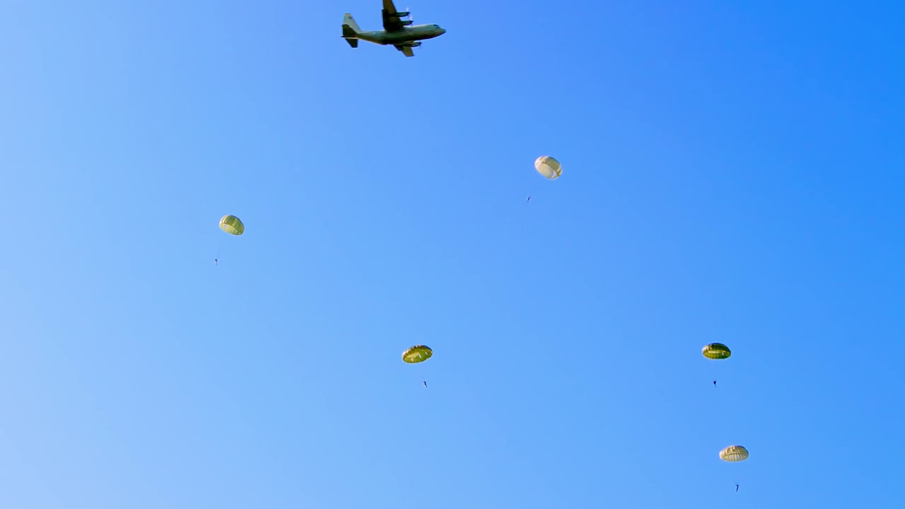 A military aircraft releases paratroopers who descend under round parachutes against a bright blue sky. Captured during a military airborne training exercise at Ginkelse Heide, Netherlands
