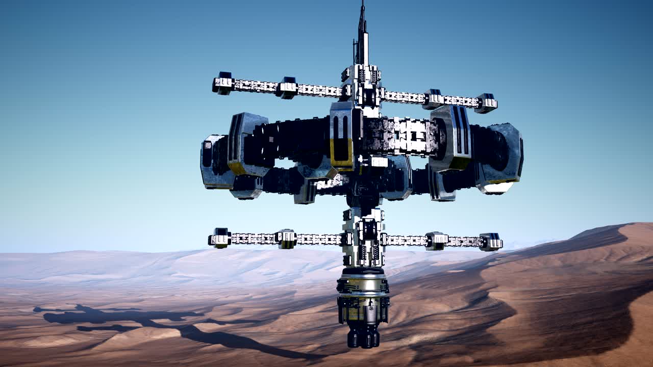 alien spaceship rotate over desert. ufo