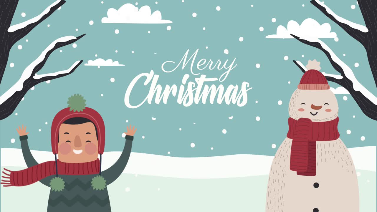 christmas lettering and snowman with man animation