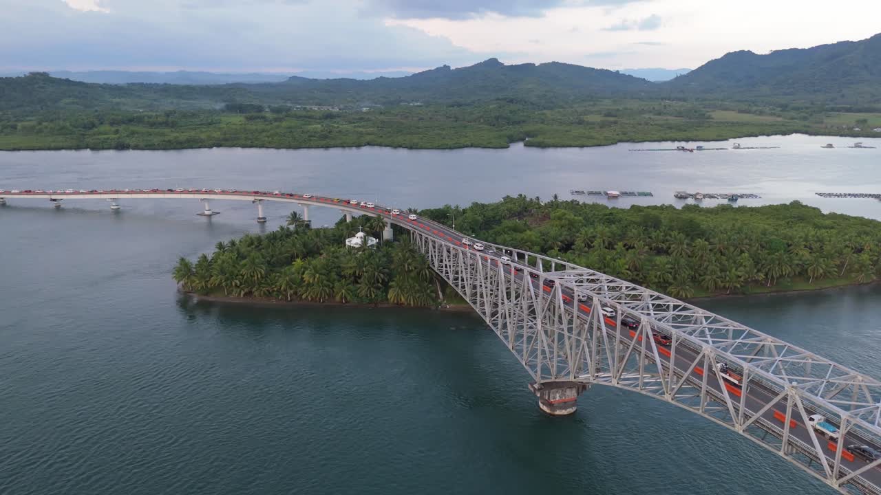Heavy traffic congestion and delays on the San Juanico Bridge in Tacloban Philippines.