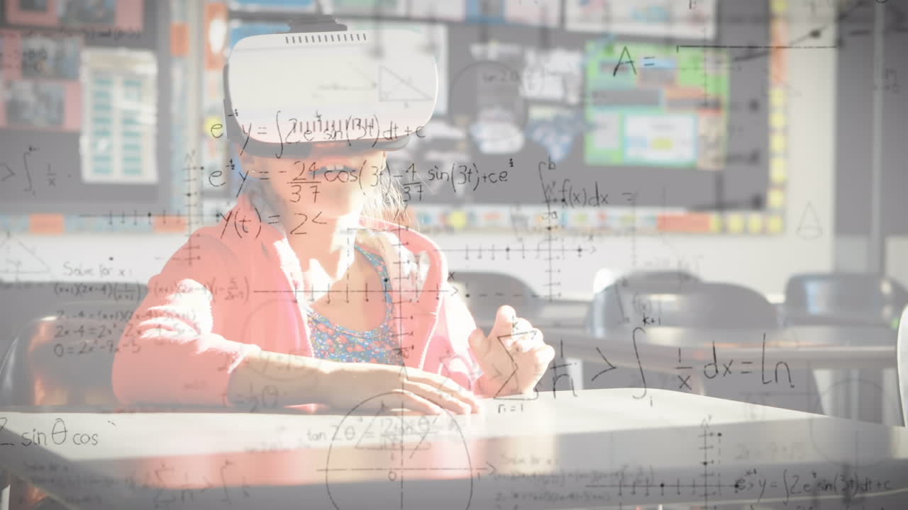 vr 헤드 ⁇ 을 착용한 여학생에 대한 수학 방정식의 애니메이션