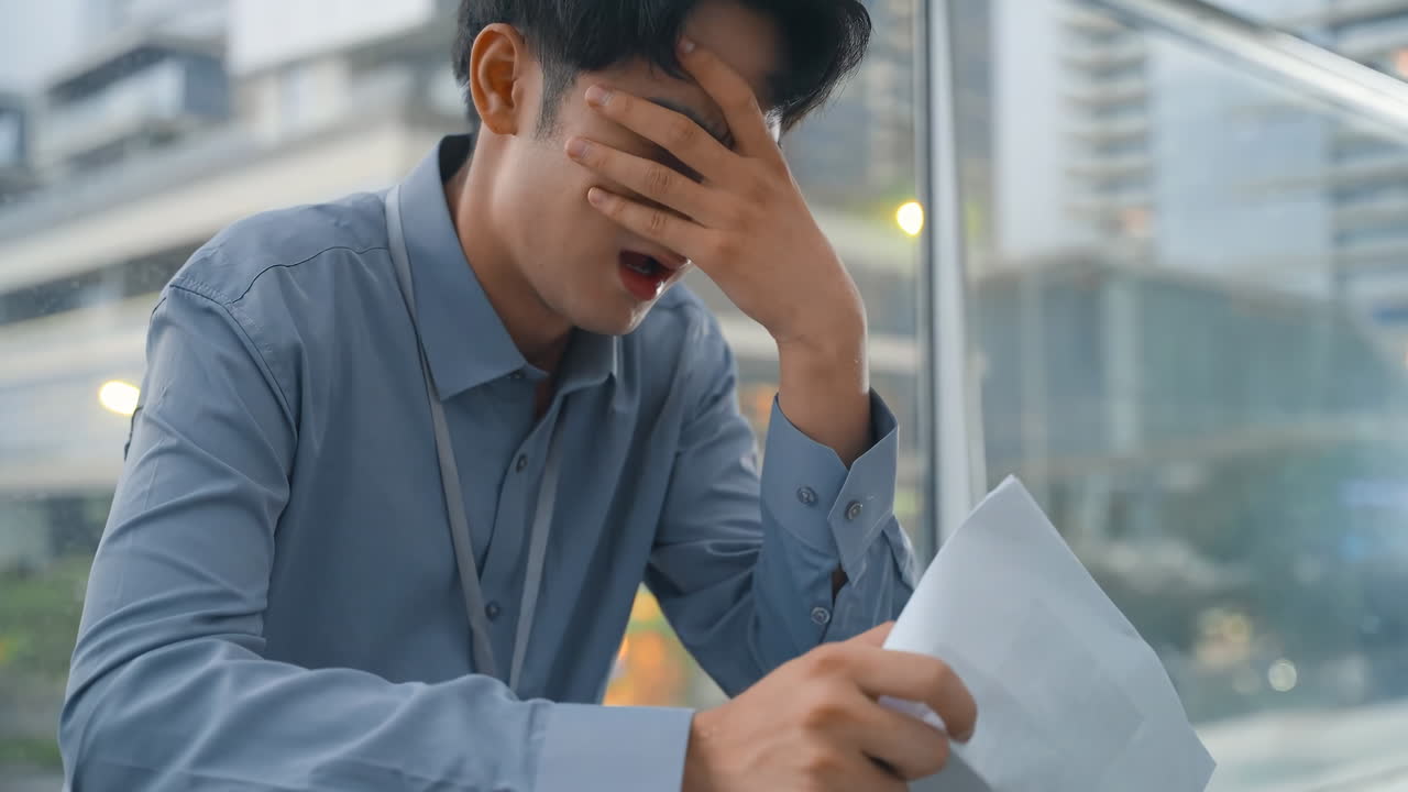 失業したビジネスマンが、仕事から解雇されたストレスと絶望感に苦しみながら、街の階段に一人座って泣き、白い求職書類を手に失望と圧倒された気持ちを抱えている。
