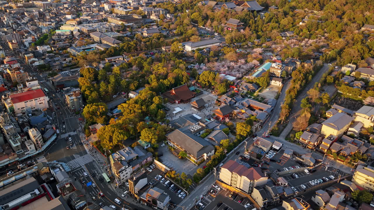 Aerial drone view of the Yasaka Shrine at sunset