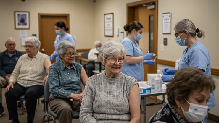 Pazienti in attesa di vaccinazione: una scena toccante di persone anziane in un ambiente clinico con professionisti medici che preparano le vaccinazioni