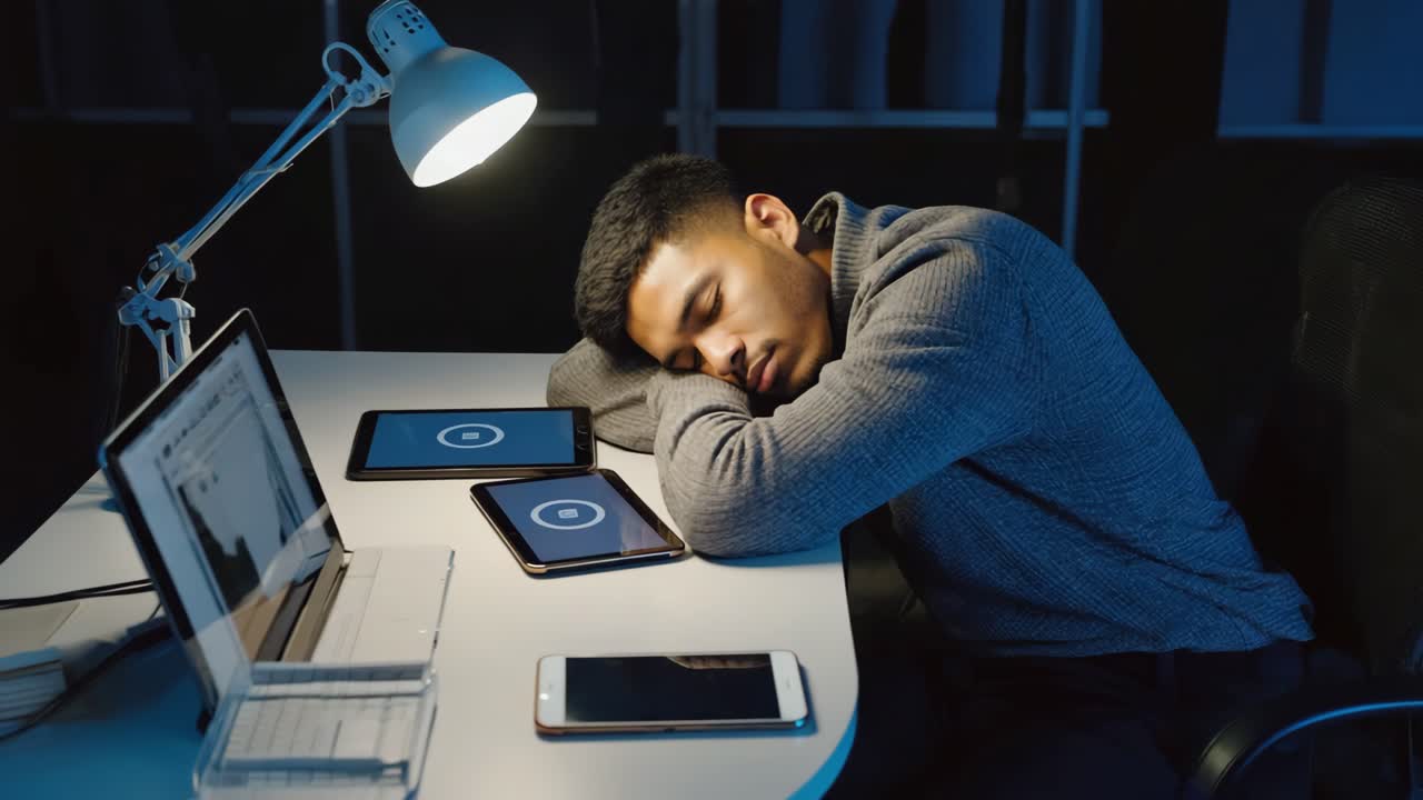 Exhausted professional resting head on desk, surrounded by laptop, tablet, and smartphone during late night work session, lamp casting soft illumination on weary workspace