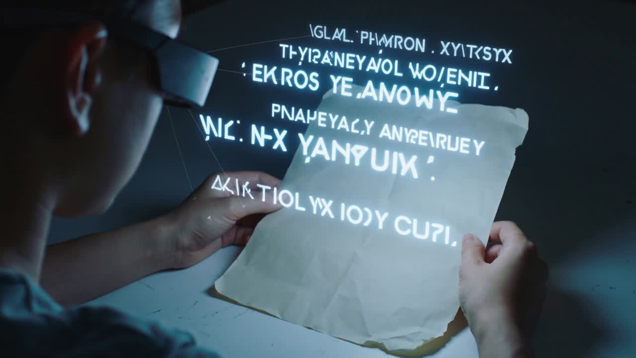 Holographic-text forming, tech in AR visor casual tee holding aged paper in dim lab, verifying text