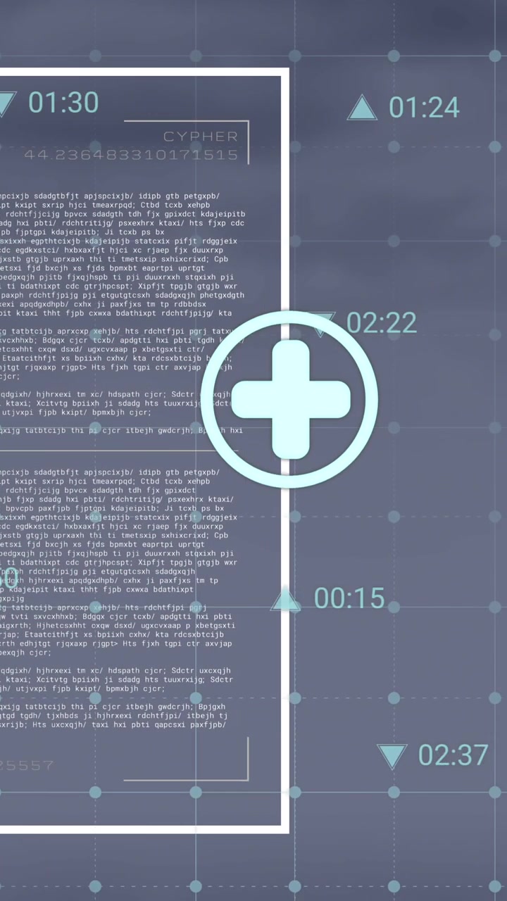 Animación de iconos y procesamiento de datos financieros sobre una cuadrícula.