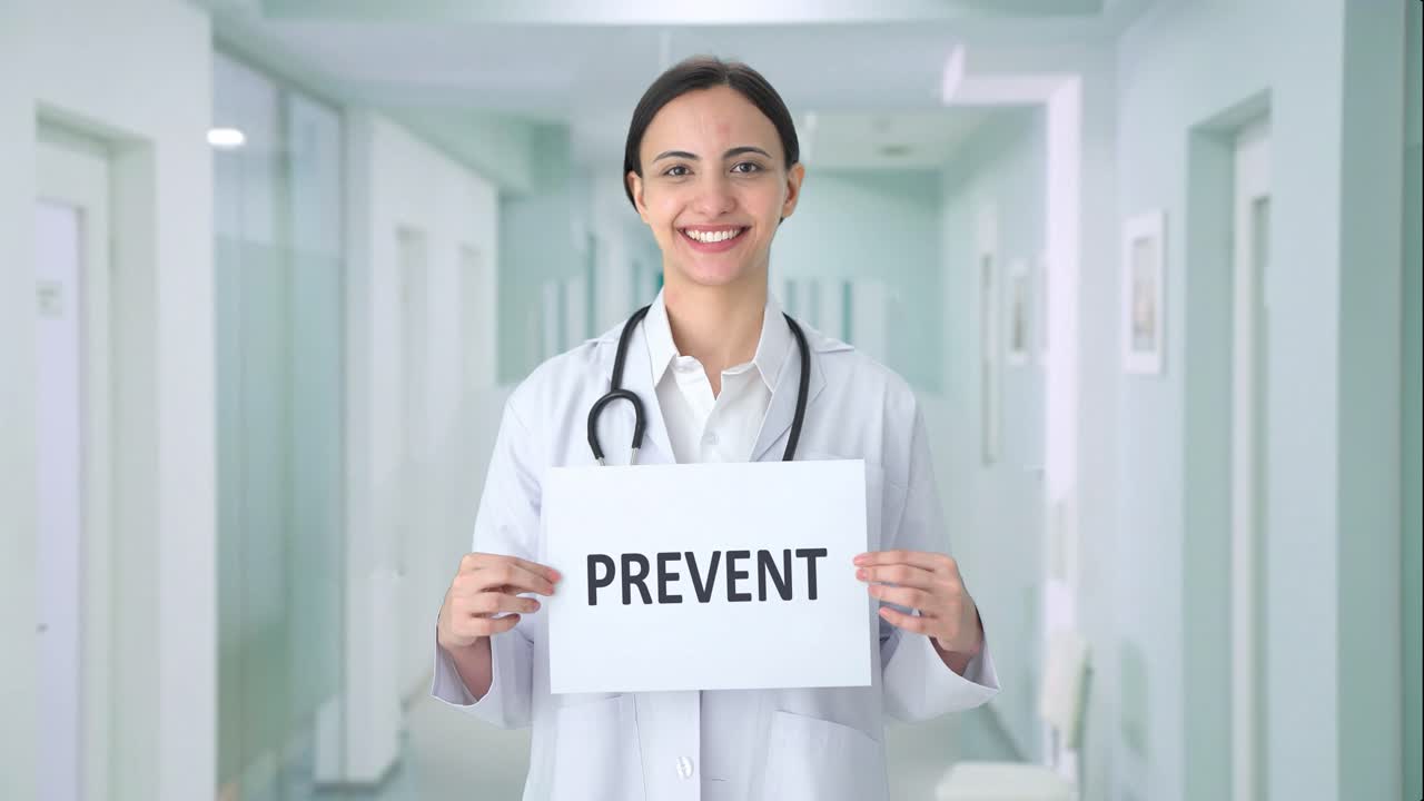 Happy Indian female doctor holding PREVENT banner