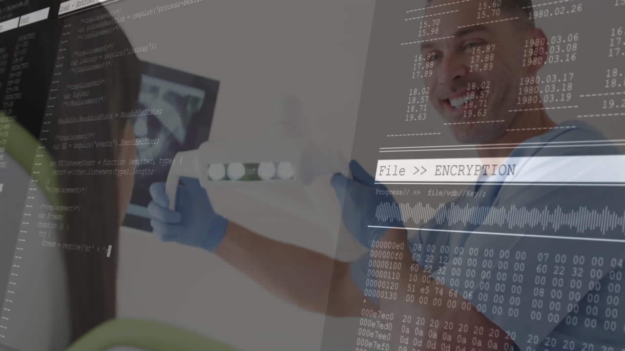 Medical professional presenting rapid test cassette in clinic, showing encryption code overlay