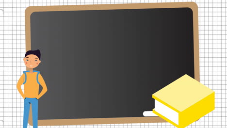 animación de un niño de escuela, un libro, tiza y icono de pizarra contra un fondo de papel con líneas cuadradas.