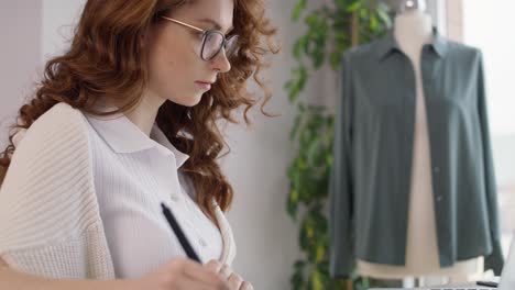 mujer adulta pelirroja usando una computadora portátil y diseñando un vestido.