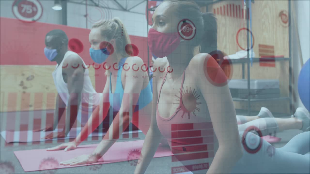 체육관에서 스트레칭 운동을 하는 건강한 사람들에 대한 코로나바이러스 통계 데이터 처리