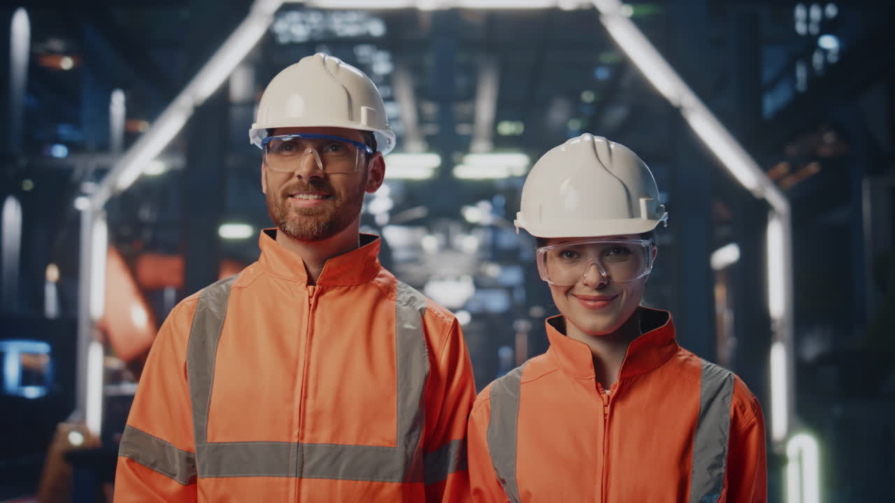 una pareja de ingenieros de fábrica exitosos posando en una instalación moderna con cascos de primer plano.