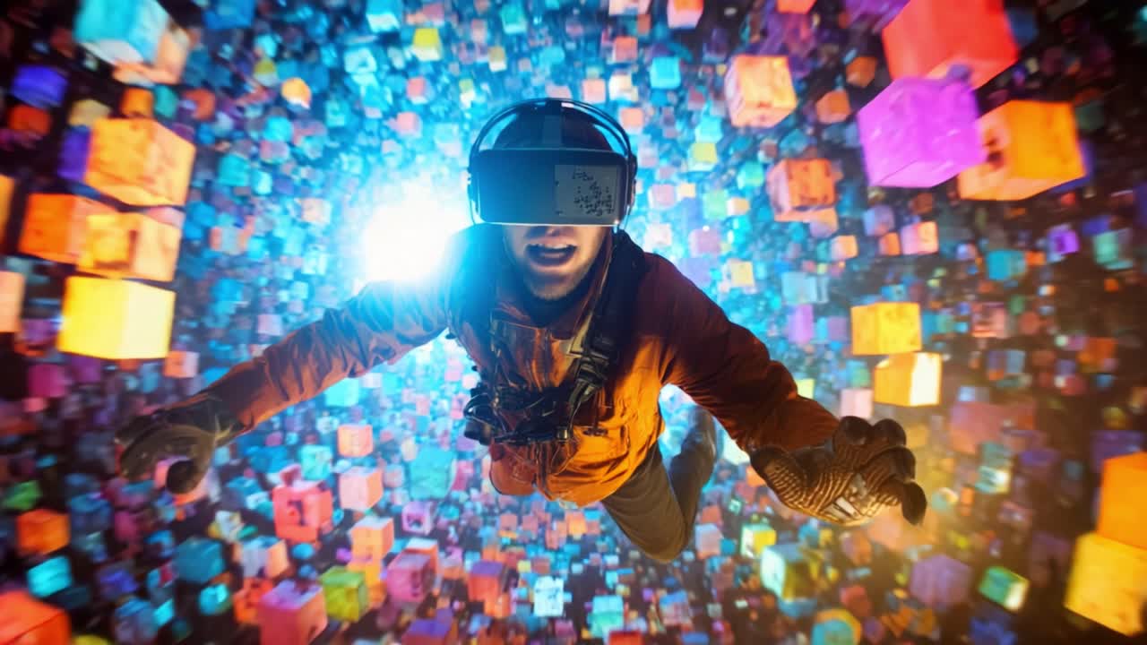 Immersive Virtual Reality Experience: A User Dives Deep into a Colorful, Cube-filled Digital World, Exploring Boundless Dimensions of Interactive Technology and Adventure