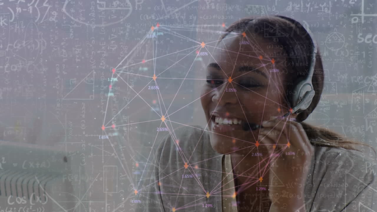 Animation of network of connections over businesswoman with headset in office