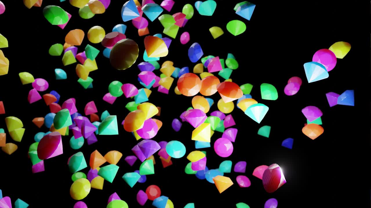 불처럼 무작위로 박이는 다이아몬드 구름과 함께 추상적인 축제 배경, 공중에서 회전하는 다채로운 다이아먼드, 4k에서 아름다운 루프, 부드러운 흔들리는 애니메이션, 3d 렌더링