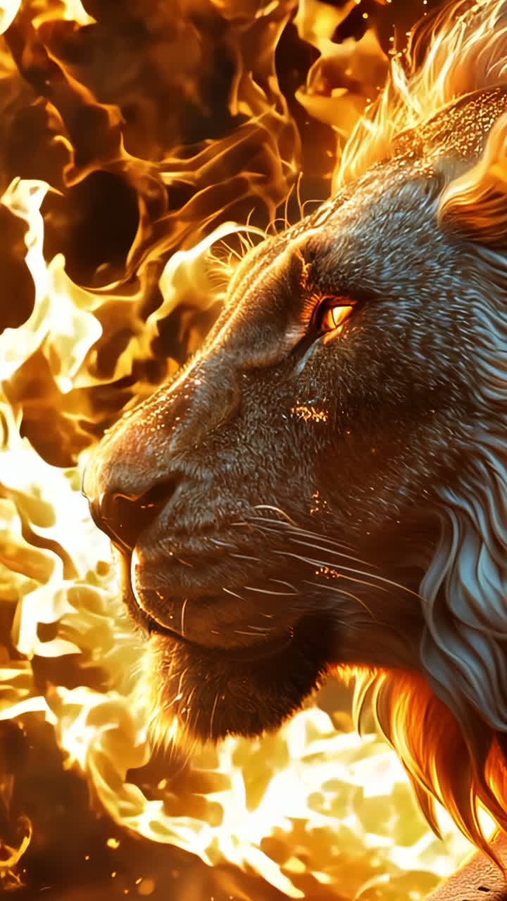 A lion with a fiery mane and glowing eyes. The lion is surrounded by a lot of sparks and fire, giving the image a dramatic and intense mood
