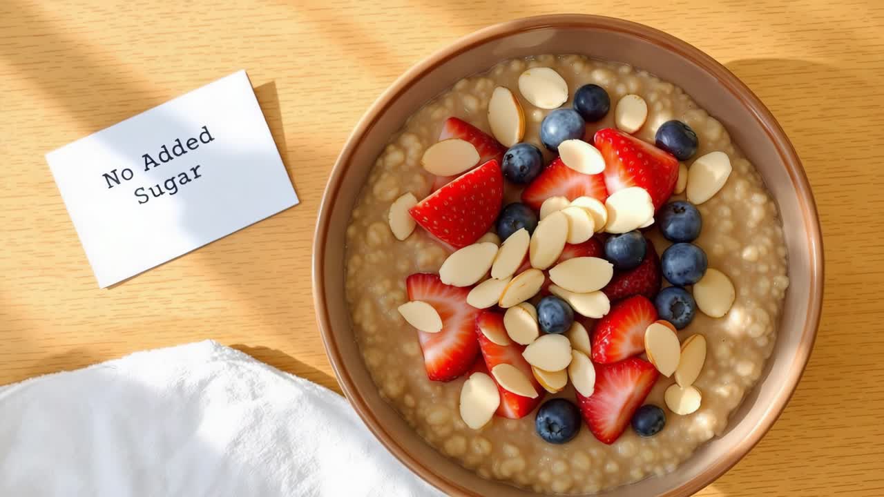Healthy oatmeal bowl filled with creamy oats, garnished with vibrant strawberries, blueberries, and crunchy sliced almonds, placed on a wooden table, showcasing a nutritious breakfast option