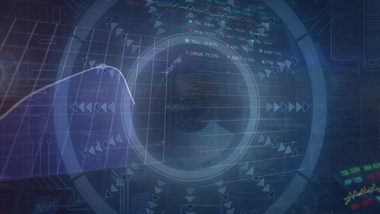 Animation of scope scanning and data processing over dark background